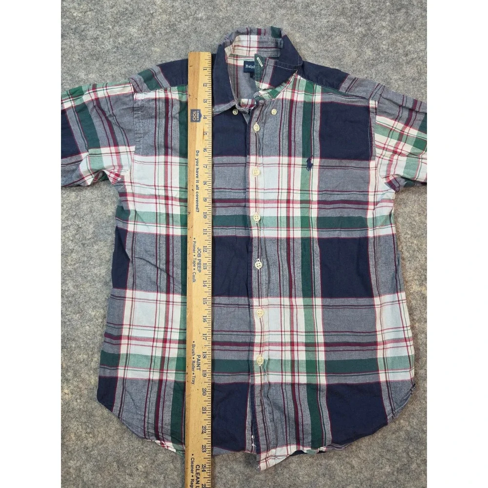 Ralph Lauren Boys Plaid Button Down Shirt Navy Green Red Cotton Size M 12/14
